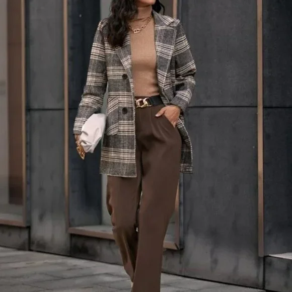 Classic Plaid Print double breasted Pea Overcoat jacket fall/winter - Picture 5 of 10